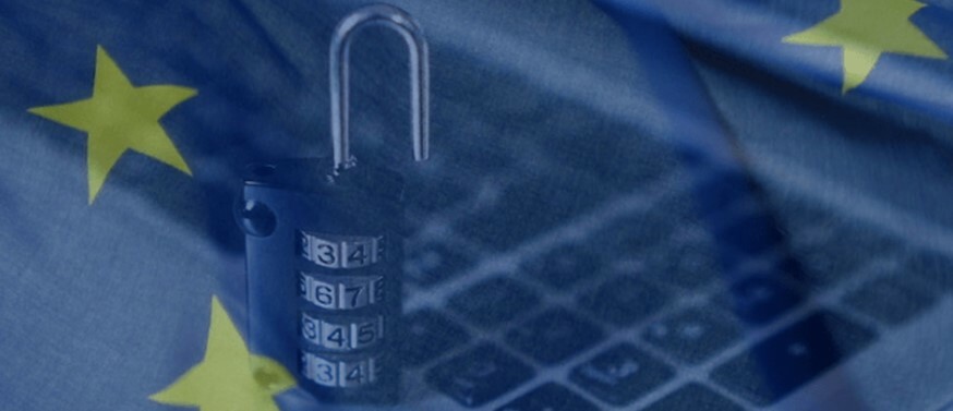 laptop and a key code lock with a transparent EU flag 